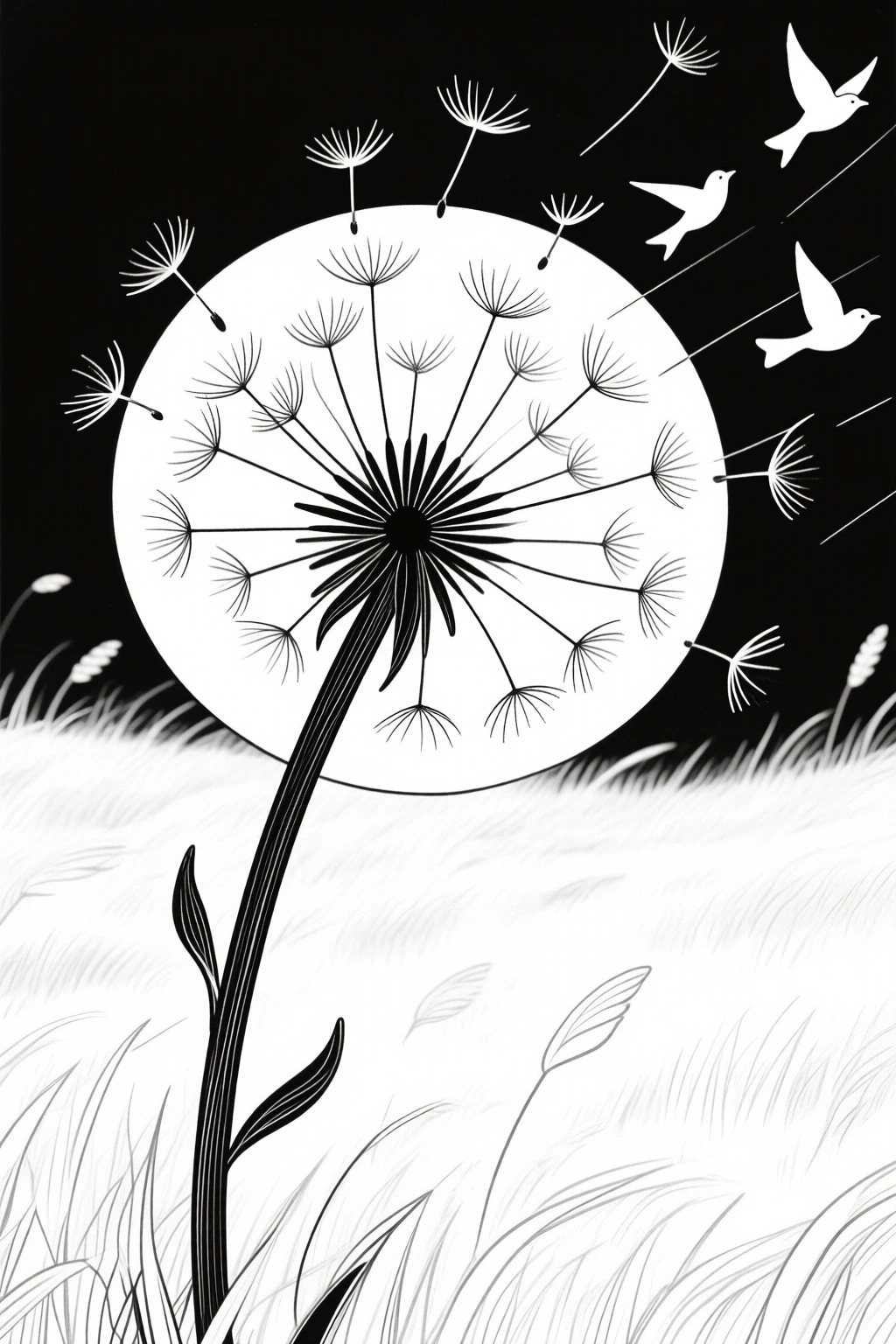 Black-and-white dandelion and birds line art for printable coloring page detailed coloring page, kids' coloring page, printable coloring page, coloring sheets for spring and nature.