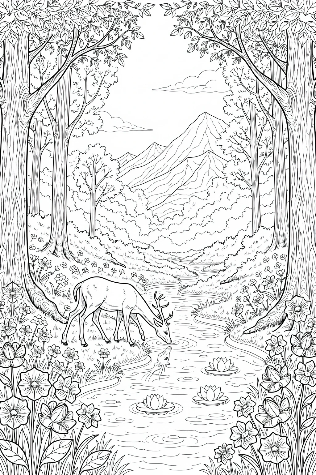 Black-and-white nature coloring page of a deer drinking at a stream framed by trees, flowers, and mountains detailed coloring page, kids' coloring page, printable coloring page, coloring sheets.