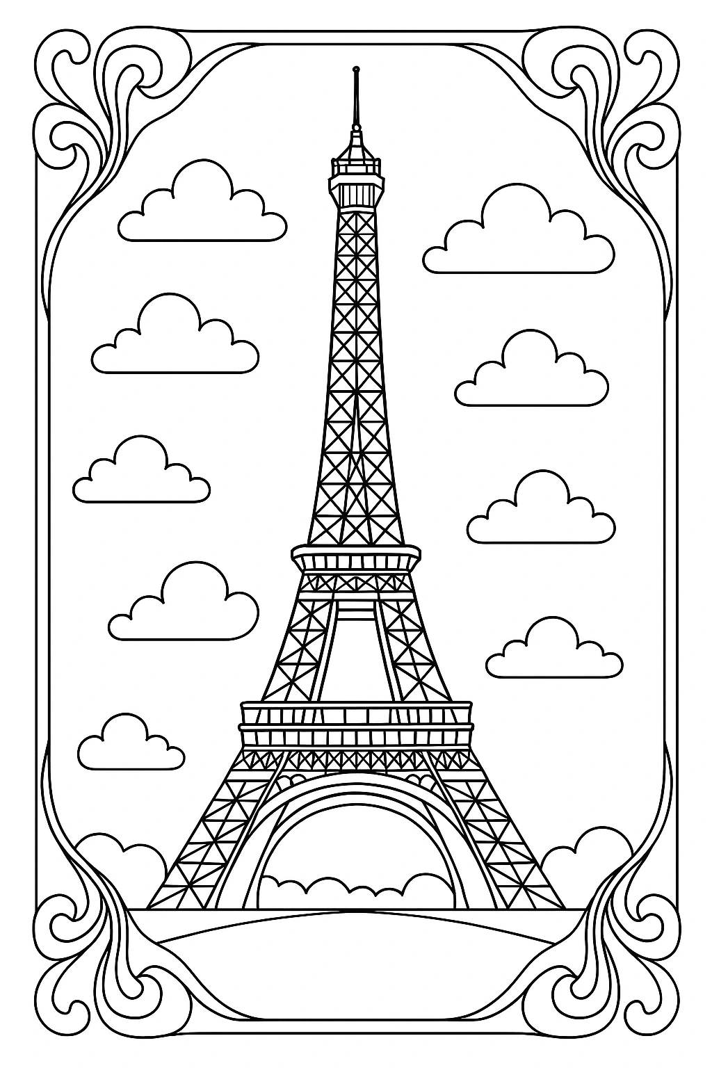 Eiffel Tower line art coloring page detailed coloring page, kids' coloring page, printable coloring page, coloring sheets, travel-themed printable.