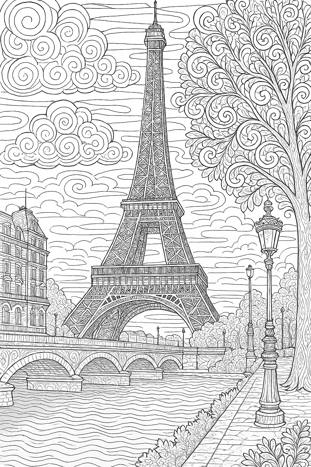 Intricate Eiffel Tower coloring page with swirling clouds and decorative trees detailed coloring page, kids' coloring page, printable coloring page, and coloring sheets for all ages.