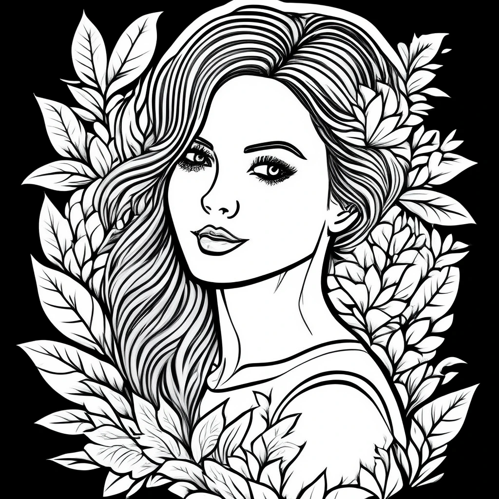 Black-and-white portrait of a woman with flowing hair framed by leaves; detailed coloring page, kids' coloring page, printable coloring page, coloring sheets with floral and people theme, suitable for