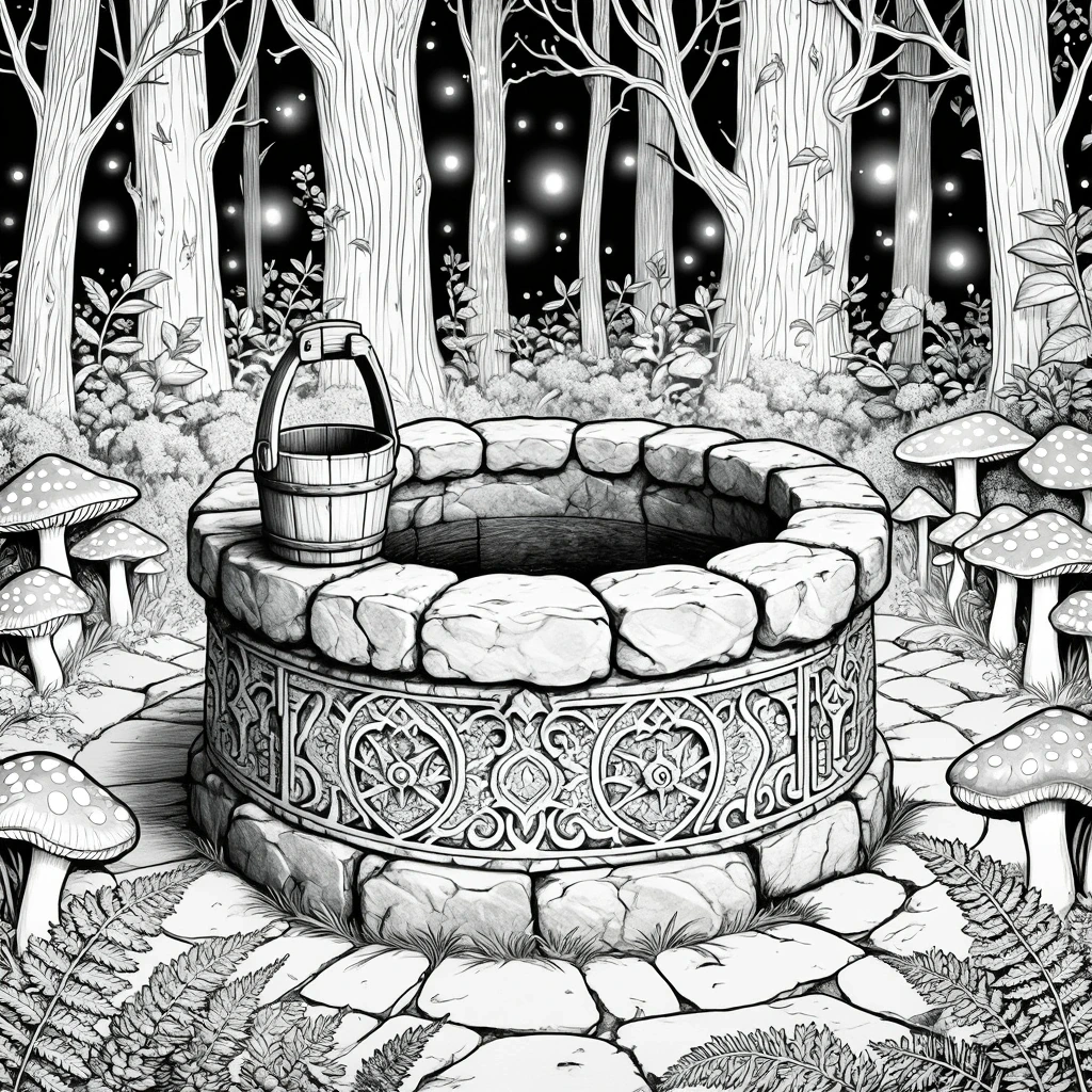 Black and white enchanted forest scene with a stone wishing well, mushrooms, tall trees, and detailed fantasy elements for detailed coloring page, kids' coloring page, printable coloring page, and