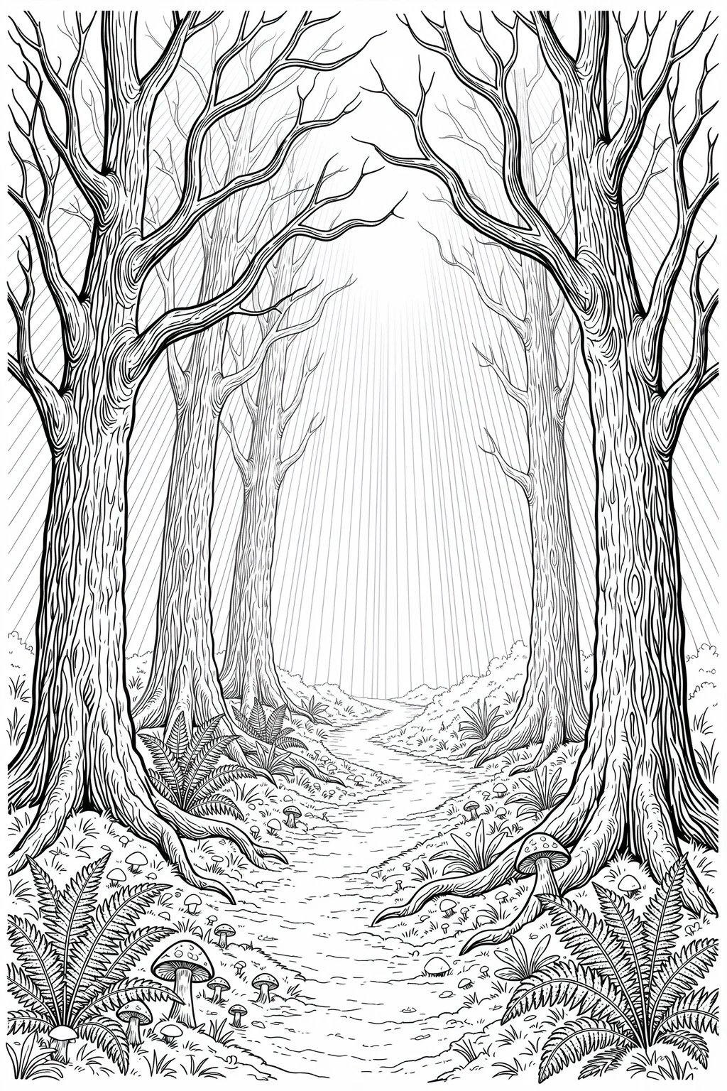 Black-and-white forest path coloring page with tall bare trees, ferns and mushrooms detailed coloring page, kids' coloring page, printable coloring page and coloring sheets ready to print.