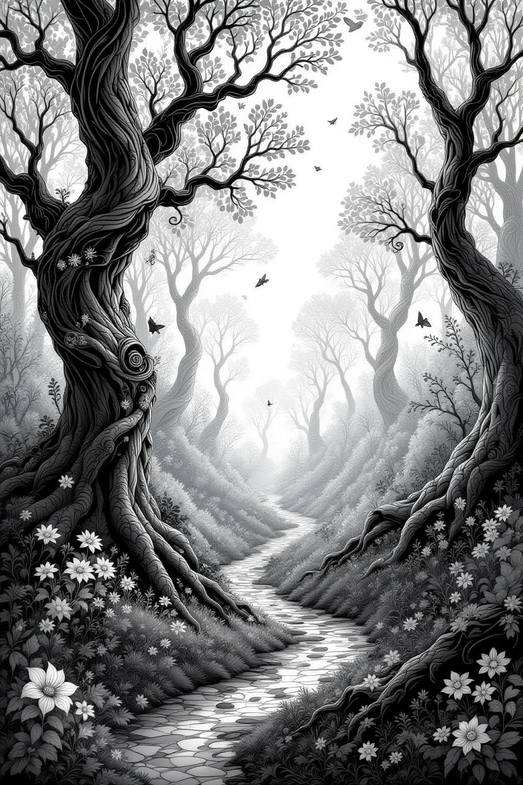 Black-and-white enchanted forest path with twisting trees, flowers and birds detailed coloring page, kids' coloring page, printable coloring page and coloring sheets for nature-themed pages.