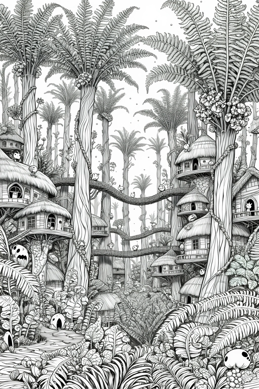 Intricate black-and-white detailed coloring page scene of an enchanted jungle village with tall tropical trees, treehouse-style homes, bridges, and lush foliage, designed as kids' coloring page