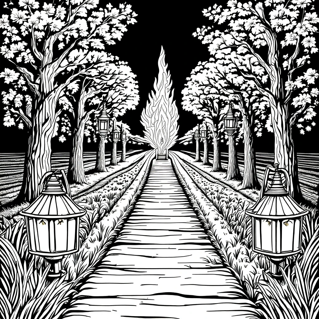 Black and white line art of a tree-lined pathway with lanterns and a central flame, ideal for detailed coloring page, kids' coloring page, printable coloring page and coloring sheets. Themes: fall
