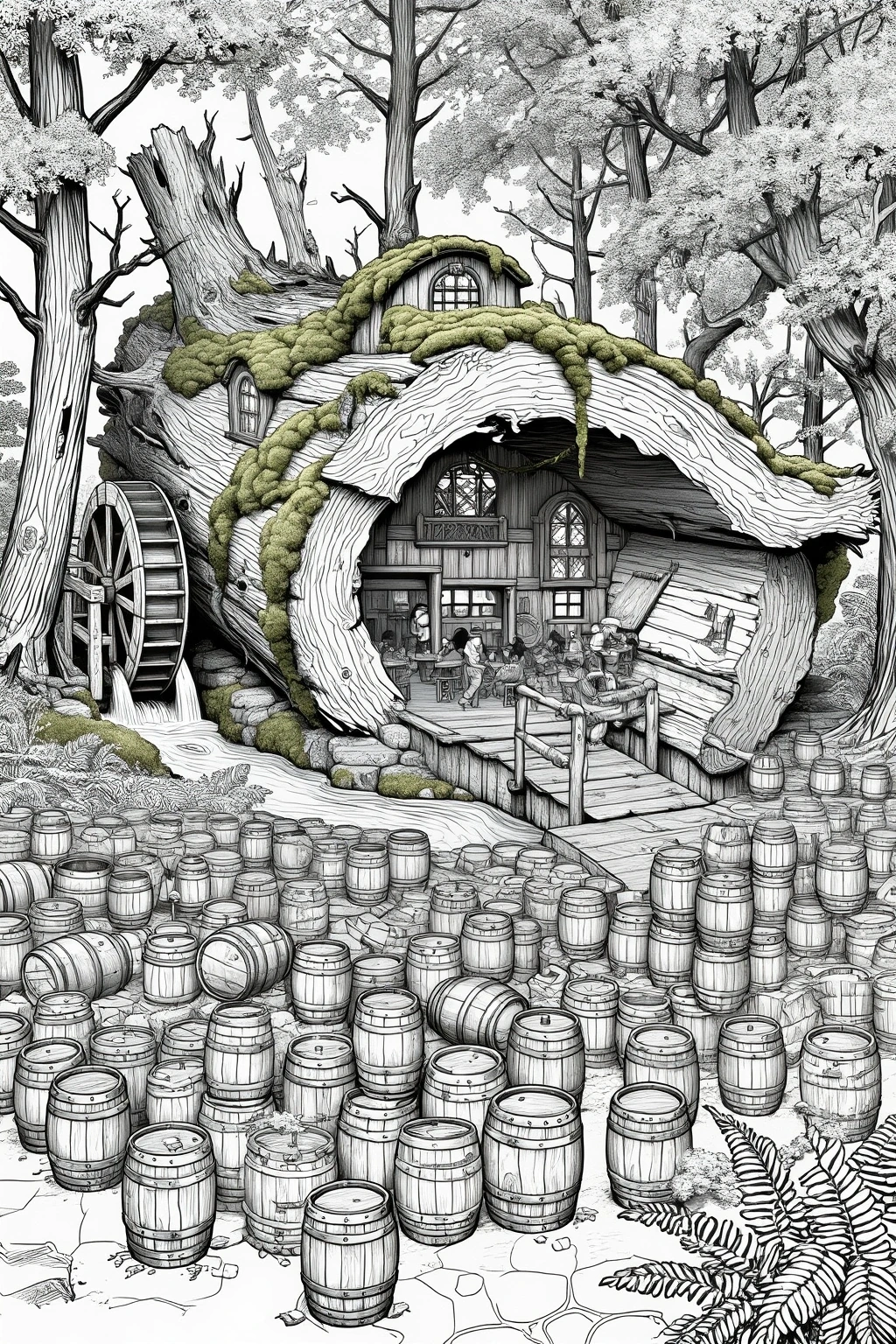 A detailed black and white treehouse village illustration with giant hollow trees, mossy rooftops, wooden barrels, and a fantasy forest scene for detailed coloring page, kids' coloring page, printable
