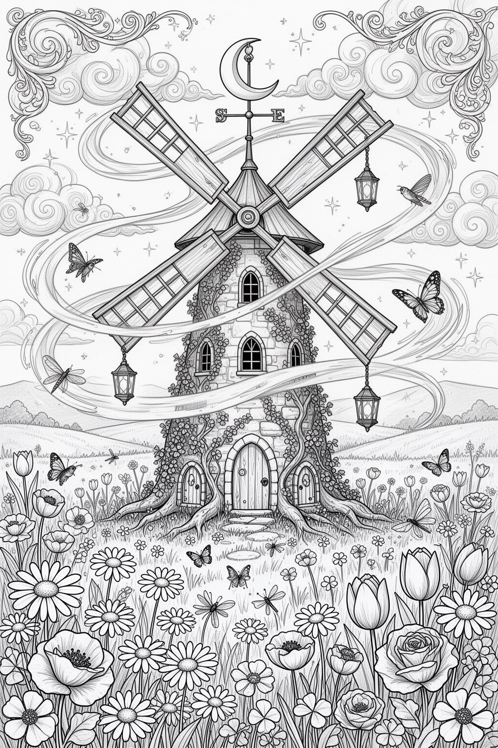 Enchanted Windmill Dreamscape coloring page.