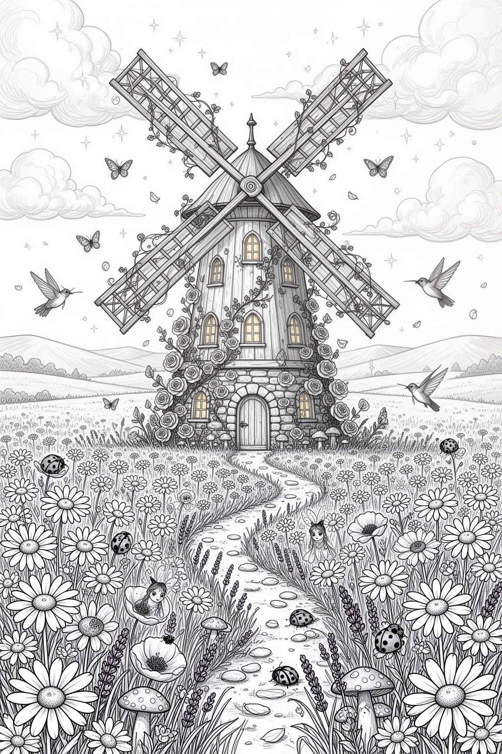 Can You Color This Magical Windmill Meadow? coloring page.