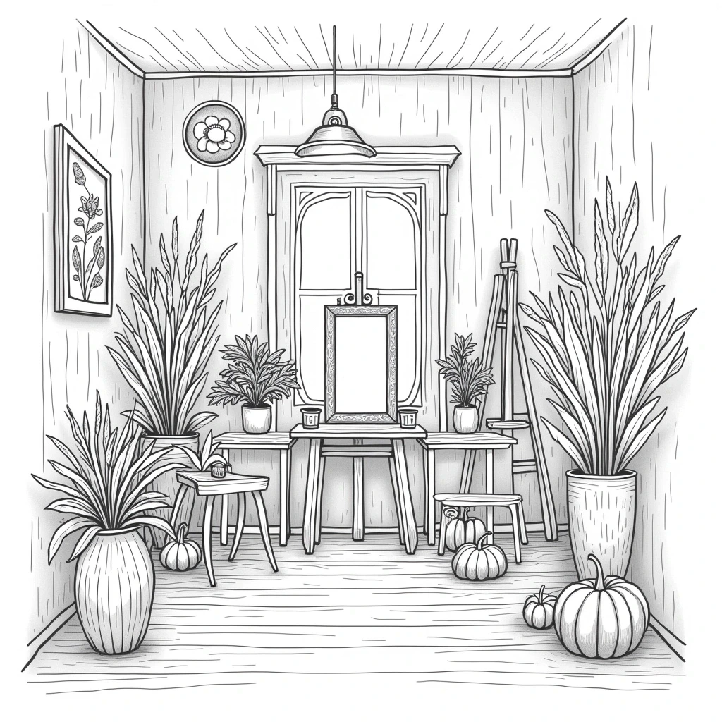 Line art of a cozy indoor art studio with pumpkins, potted plants, an easel and framed window a printable coloring page style page for detailed coloring page, kids' coloring page, printable coloring
