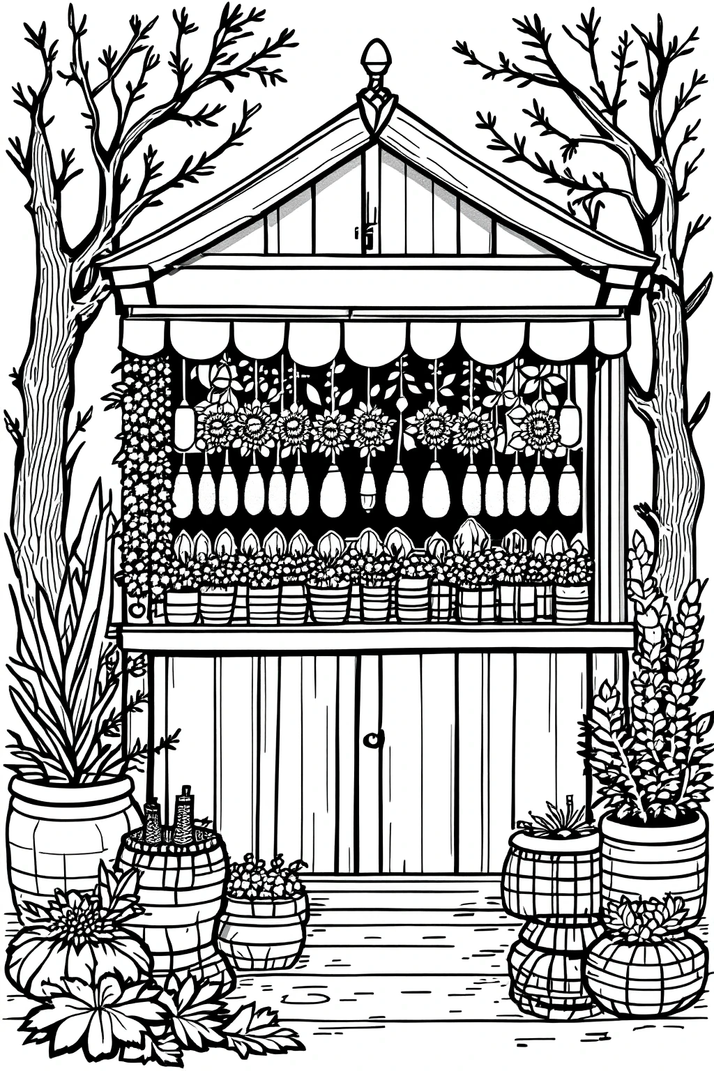 Black-and-white detailed flower market stall coloring page with potted plants, hanging bouquets, sunflowers and decorative awning a printable coloring page style image perfect for kids' coloring page