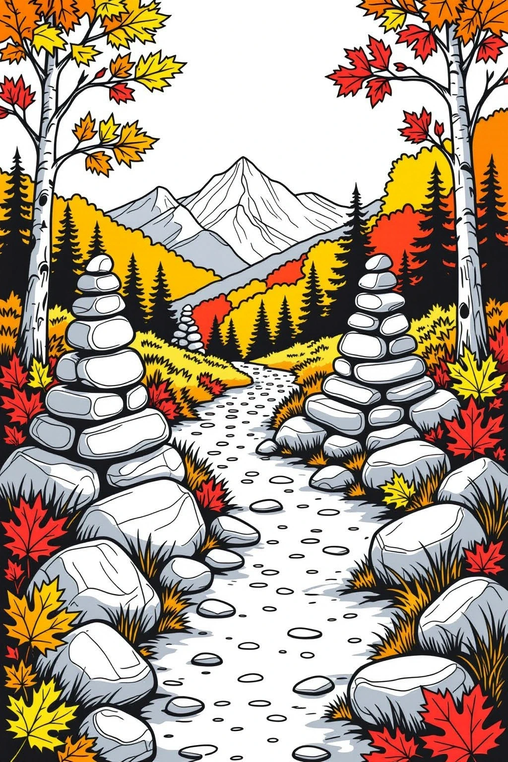 Autumn mountain trail coloring page showing a rocky path, stacked stone cairns, pine trees and colorful fall leaves detailed coloring page, kids' coloring page, printable coloring page, coloring