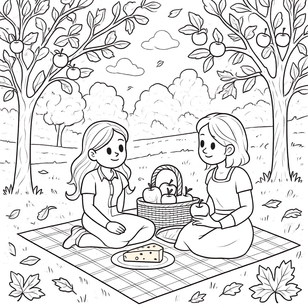 Black-and-white picnic coloring page with two people sitting on a blanket under apple trees with a picnic basket and slice of pie detailed coloring page, kids' coloring page, printable coloring page