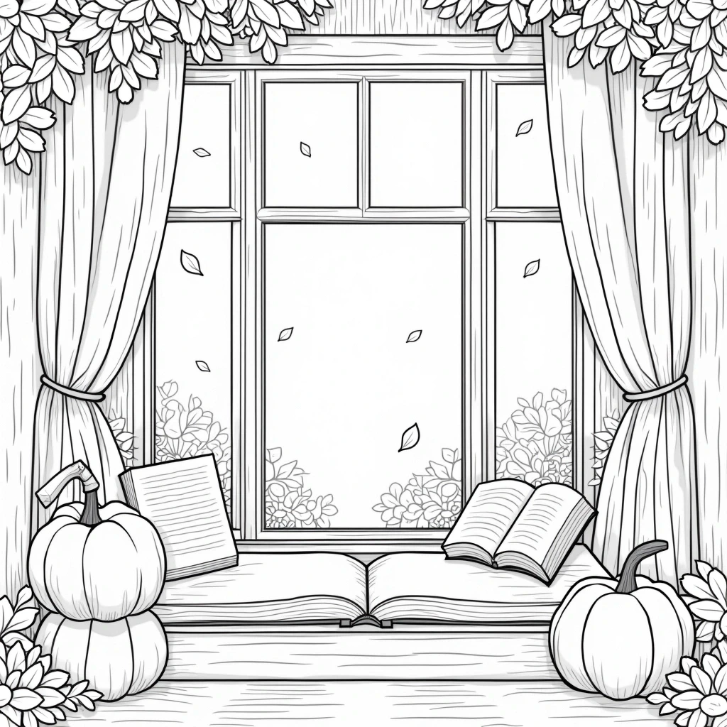 Black-and-white printable coloring sheet showing a cozy window reading nook with curtains, pumpkins, open books, leaves falling and foliage outside detailed coloring page, kids' coloring page