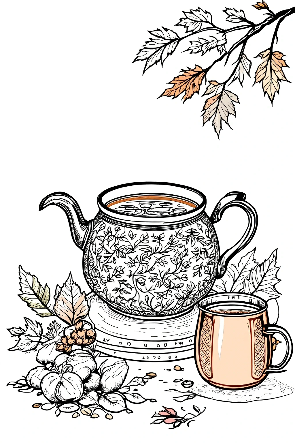 Cozy teapot and mug with autumn leaves detailed coloring page for kids' coloring page and printable coloring page; fall coloring sheets design.