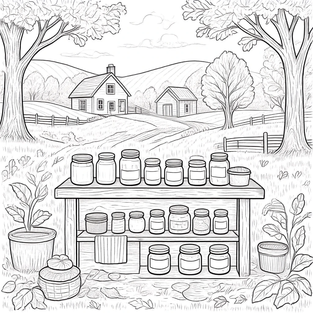 Black-and-white farmhouse coloring scene with jars on a wooden table, country house and rolling hills in the background detailed coloring page, kids' coloring page, printable coloring page, coloring