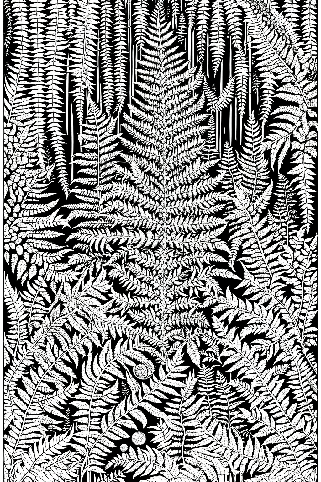 Black-and-white botanical coloring sheet of fern fronds with highly detailed coloring page, printable coloring page style page for kids' coloring page and adults, ideal coloring sheets for spring and