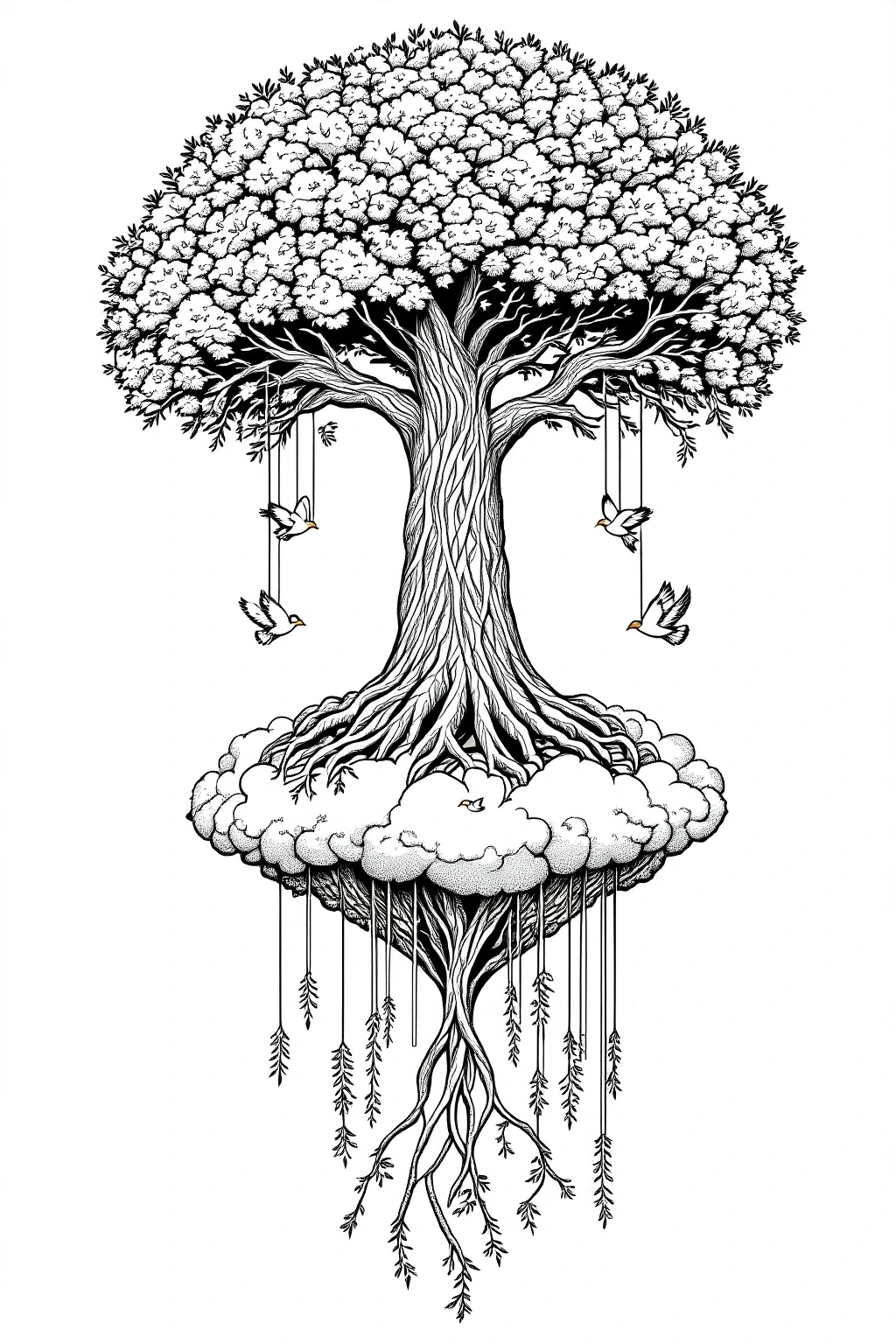 Intricate black-and-white floating tree with dense treetop, twisting trunk and roots, birds hanging on strings detailed coloring page, kids' coloring page, printable coloring page and coloring sheets.