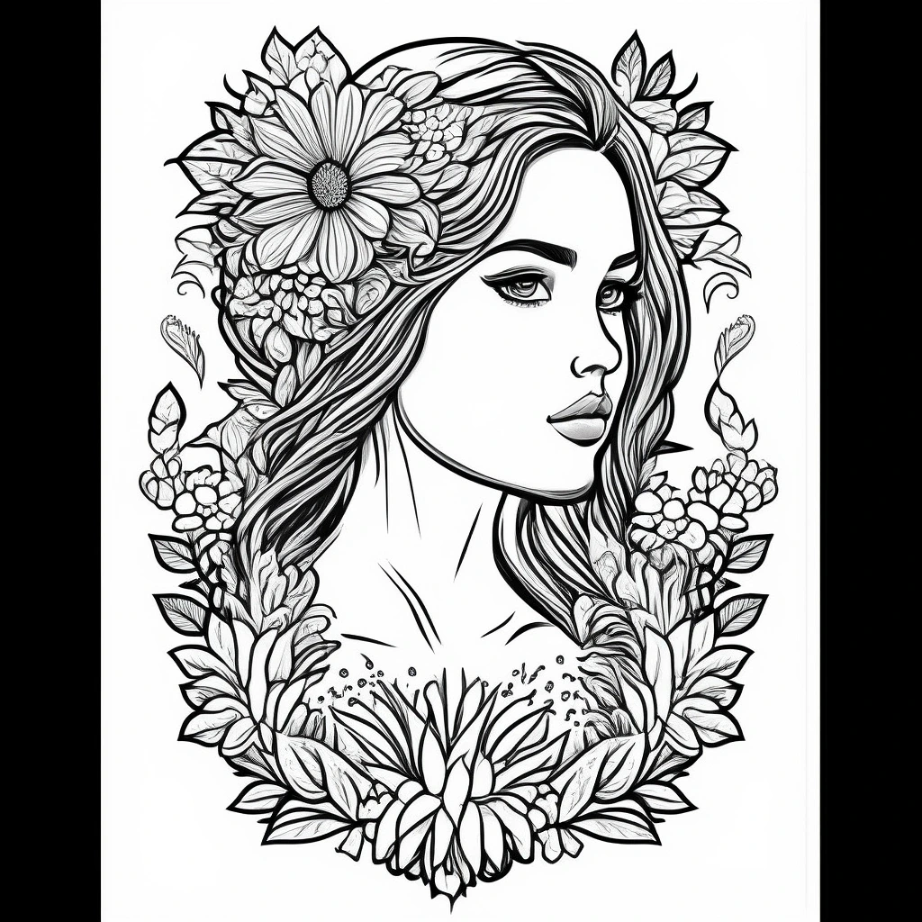 Black-and-white floral portrait line art a woman surrounded by flowers, designed as detailed coloring page, kids' coloring page, a printable coloring page and coloring sheets for spring and