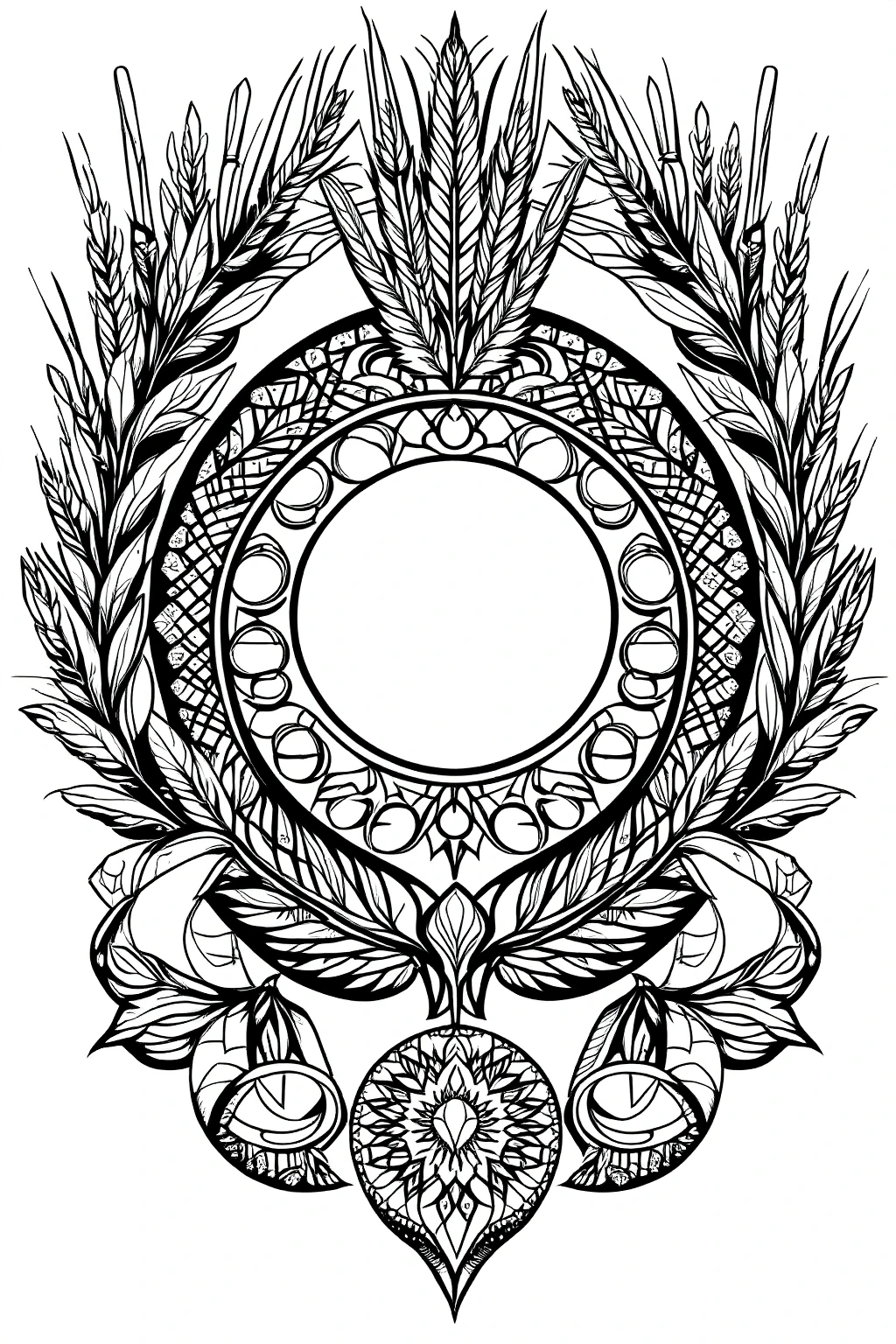Black and white floral mandala wreath coloring page with wheat, leaves and petals detailed coloring page, kids' coloring page, printable coloring page and coloring sheets featuring mandala and nature