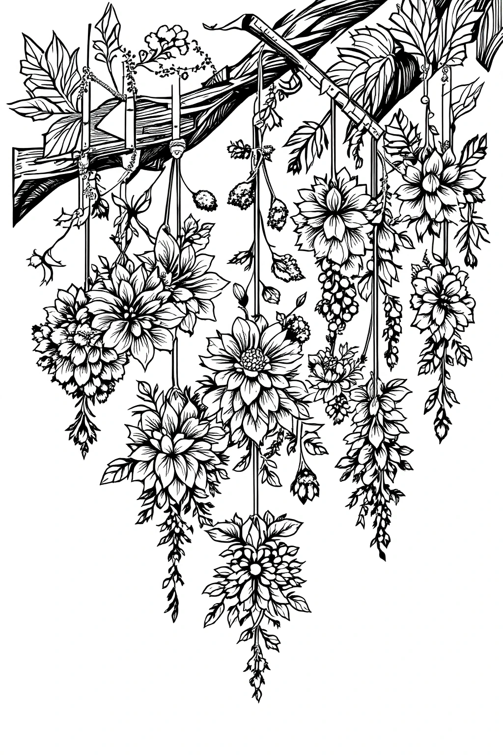 Intricate hanging floral bouquet line art for printable coloring page detailed coloring page, kids' coloring page, printable coloring page, coloring sheets, spring and summer floral theme.