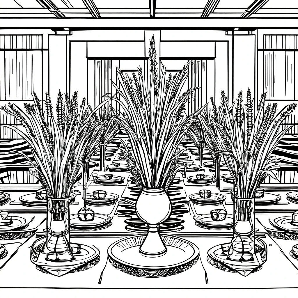 Black-and-white dining table centerpiece line art for a printable coloring page detailed coloring page and kids' coloring page style, perfect as a coloring sheets page in a printable coloring page.