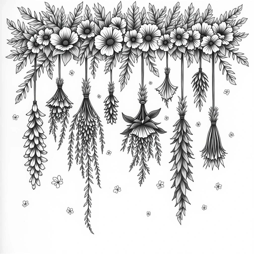 Black and white hanging floral garland line art for detailed coloring page, kids' coloring page, printable coloring page and coloring sheets with flowers and leaves, mandala-style details.