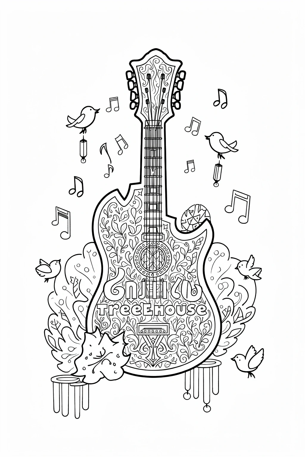 Intricate guitar coloring page with floral patterns, birds and musical notes detailed coloring page, kids' coloring page, printable coloring page and coloring sheets.
