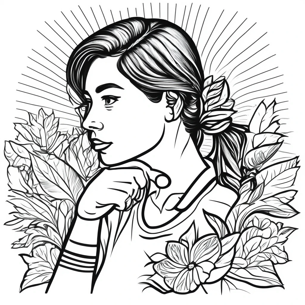 Black and white floral portrait line art of a thoughtful young person surrounded by leaves and flowers for detailed coloring page, kids' coloring page, printable coloring page and coloring sheets.