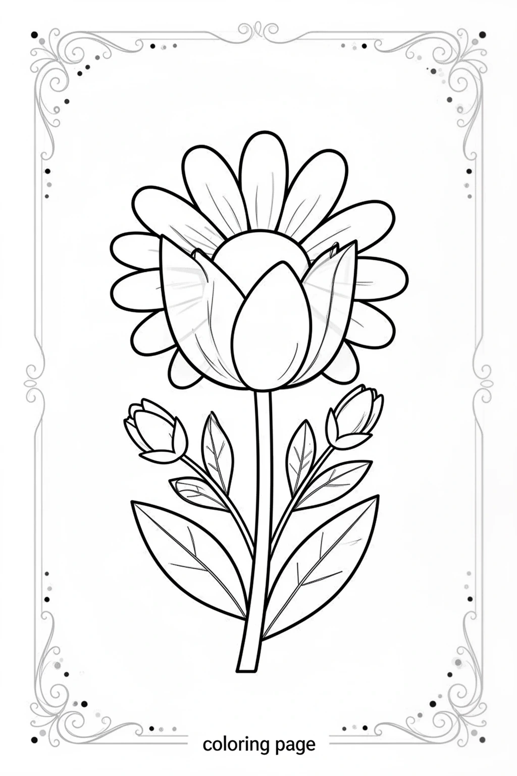 Flower coloring page: Simple Daisy Tulip Blossom Outline Art.