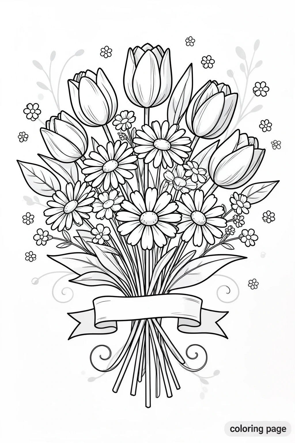 Flowers coloring page: Bouquet of Tulips & Daisies for Kids.