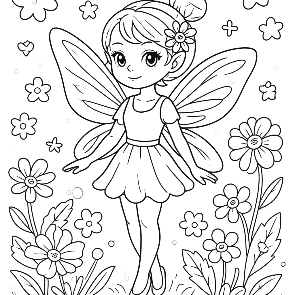 Black-and-white fairy coloring page with flowers and wings detailed coloring page, kids' coloring page, printable coloring page and coloring sheets for spring and summer.