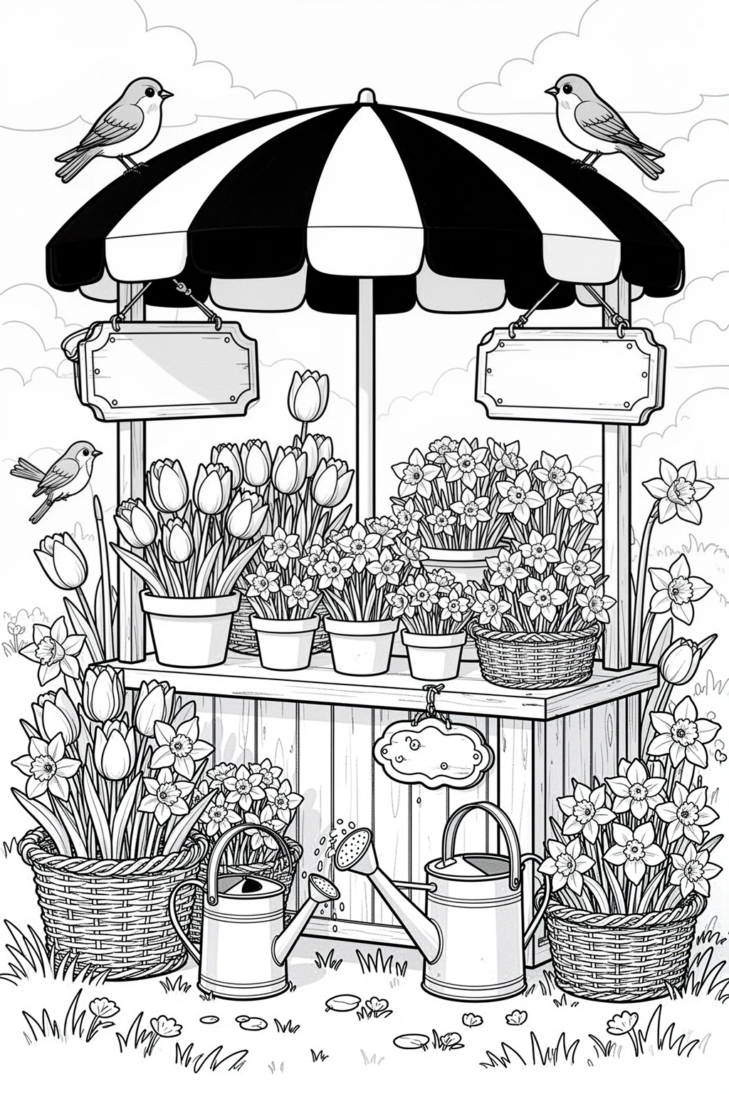 Detailed coloring page of a spring flower market stall with tulips, daffodils, baskets, and songbirds.