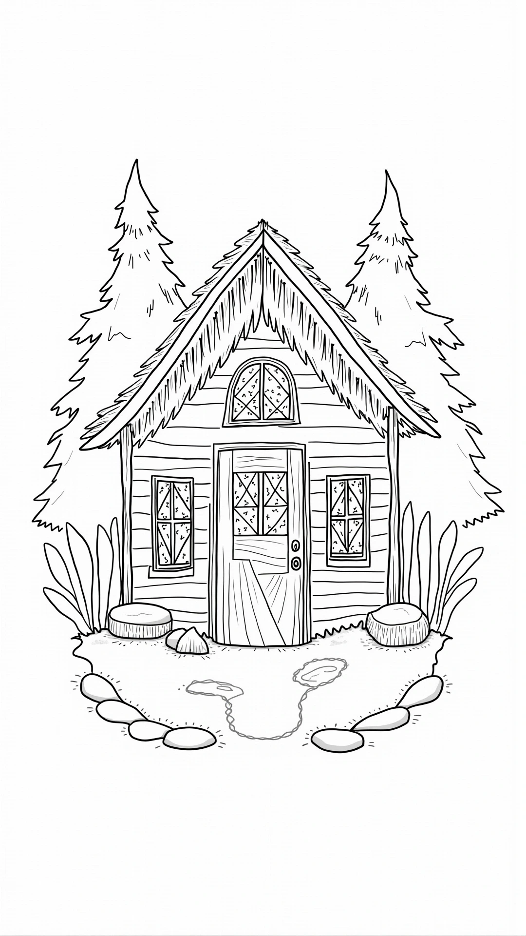 Black-and-white cabin line art for coloring detailed coloring page and kids' coloring page suitable for a printable coloring page and loose coloring sheets, cozy house with pine trees and stones.