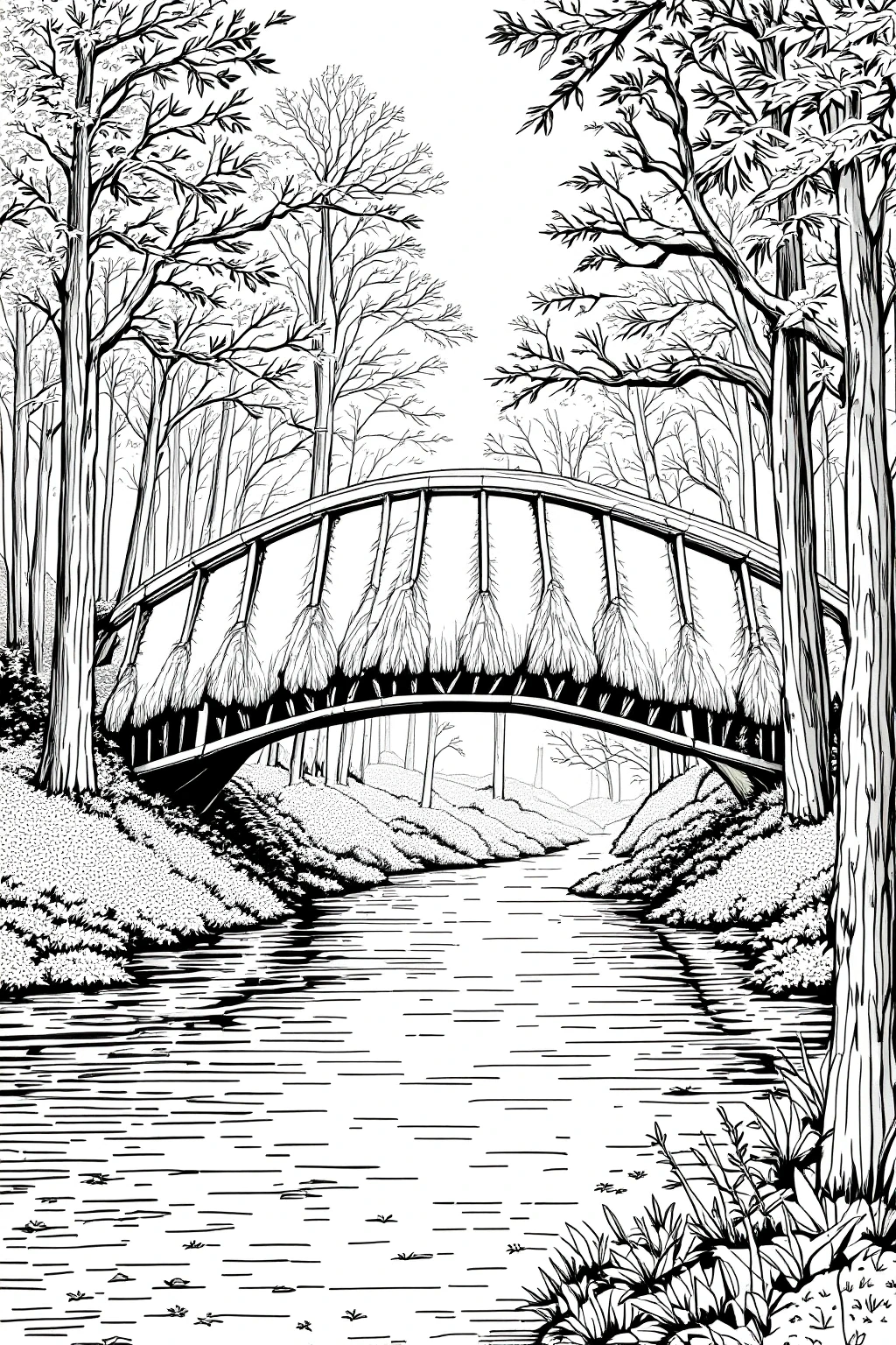 Black and white forest landscape bridge line art a detailed coloring page scene for a printable coloring page with kids' coloring page and coloring sheets in a nature theme.