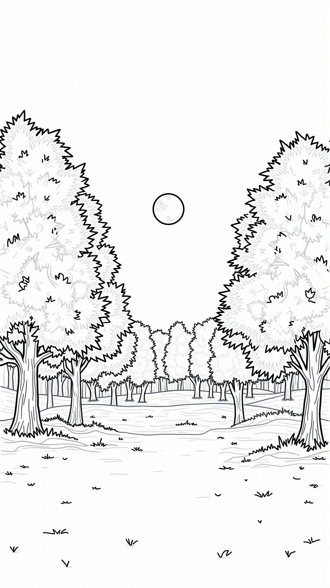 Line-art forest scene with rows of trees and a moon; detailed coloring page, kids' coloring page, printable coloring page, coloring sheets for spring and fall.