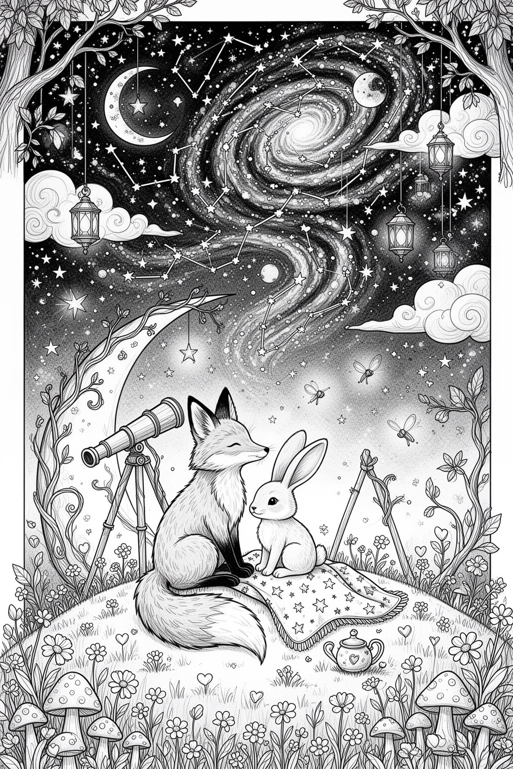 Fox & Rabbit Stargazing coloring page.