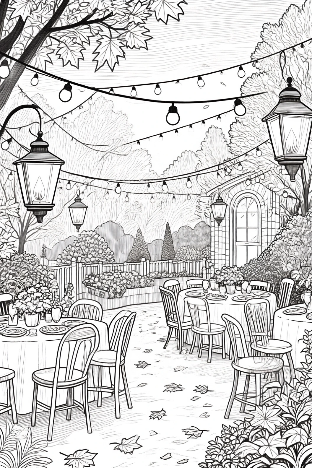 Black and white garden cafe patio line art with tables, chairs, lanterns, string lights and fallen leaves detailed coloring page and kids' coloring page printable coloring page coloring sheets.