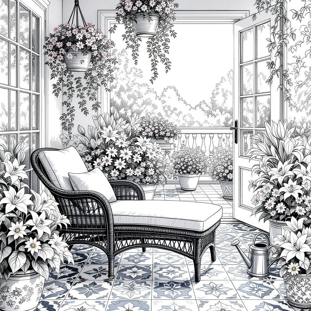 Black and white detailed coloring page of a cozy garden porch with a wicker chaise lounge, patterned tile floor, hanging flower baskets, potted plants, and open French doors leading to a scenic