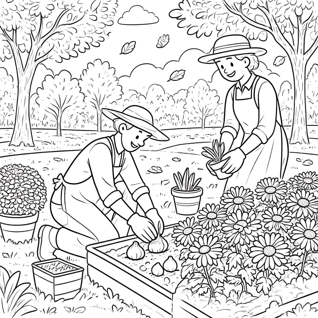 Black and white garden scene showing two people planting bulbs and holding potted plants among flowers; a printable coloring sheet ideal for kids' coloring page, detailed coloring page, a printable
