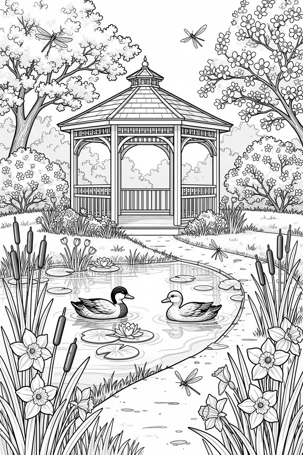 Detailed coloring page of a spring gazebo beside a duck pond with daffodils and dragonflies.