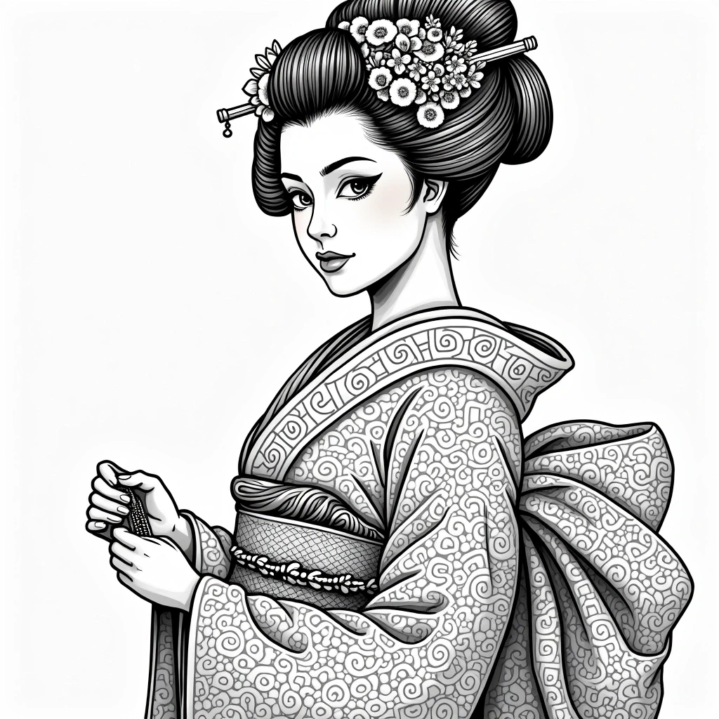 Black-and-white elegant geisha portrait with intricate kimono patterns ideal detailed coloring page, kids' coloring page, printable coloring page and coloring sheets; people-themed image with