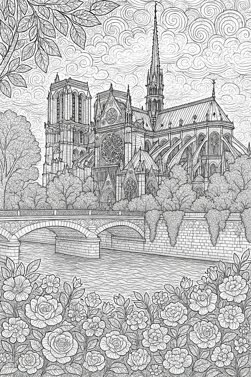 Black-and-white detailed line art of a Gothic cathedral and bridge with flowering bushes in the foreground; printable coloring sheet ideal for detailed coloring page, kids' coloring page, printable