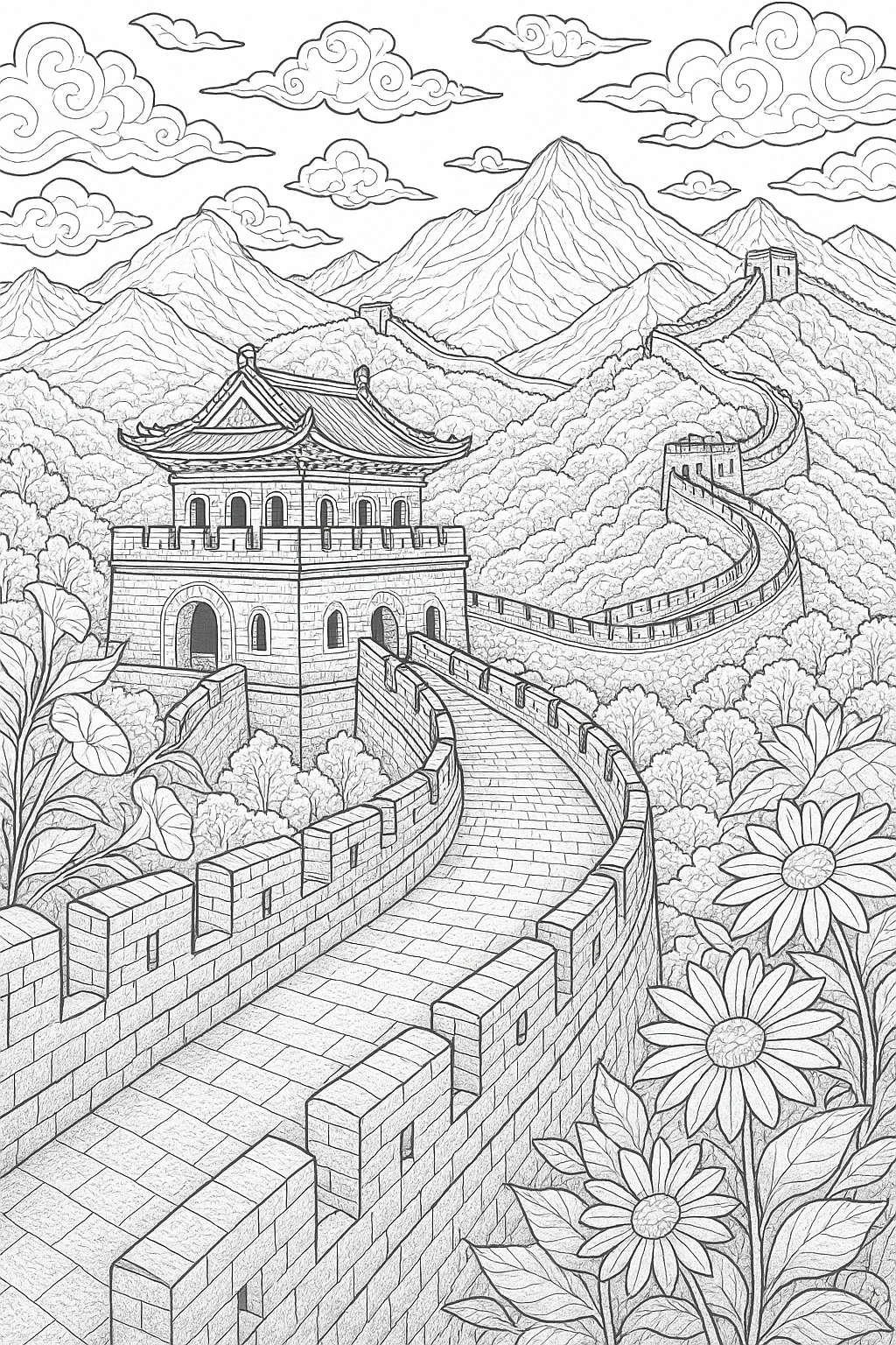 Black-and-white detailed coloring page of the Great Wall winding through mountains with flowers in the foreground printable coloring page style for kids' coloring page and coloring sheets, a relaxing