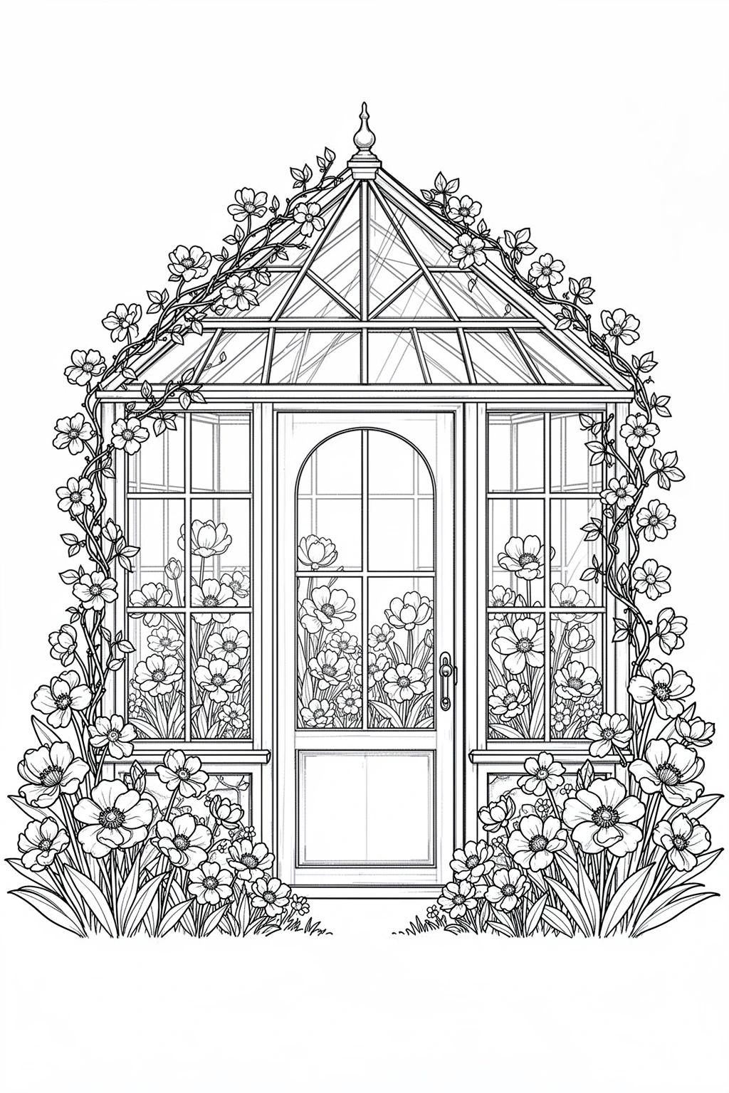 Black-and-white coloring page of greenhouse spring coloring page.