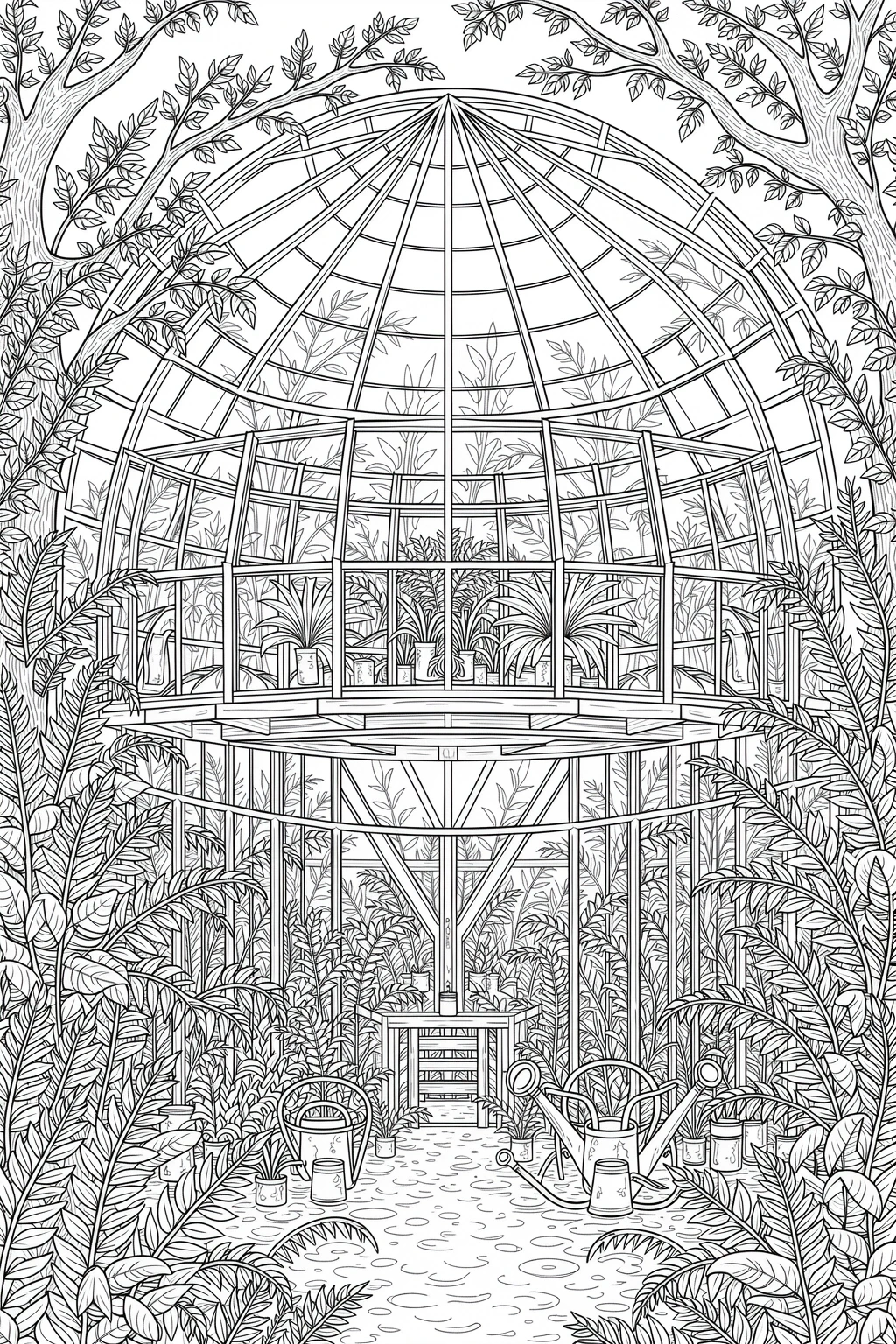 Intricate greenhouse coloring page with plants, pots and walkways detailed coloring page, kids' coloring page, printable coloring page and coloring sheets featuring spring and summer foliage, cozy