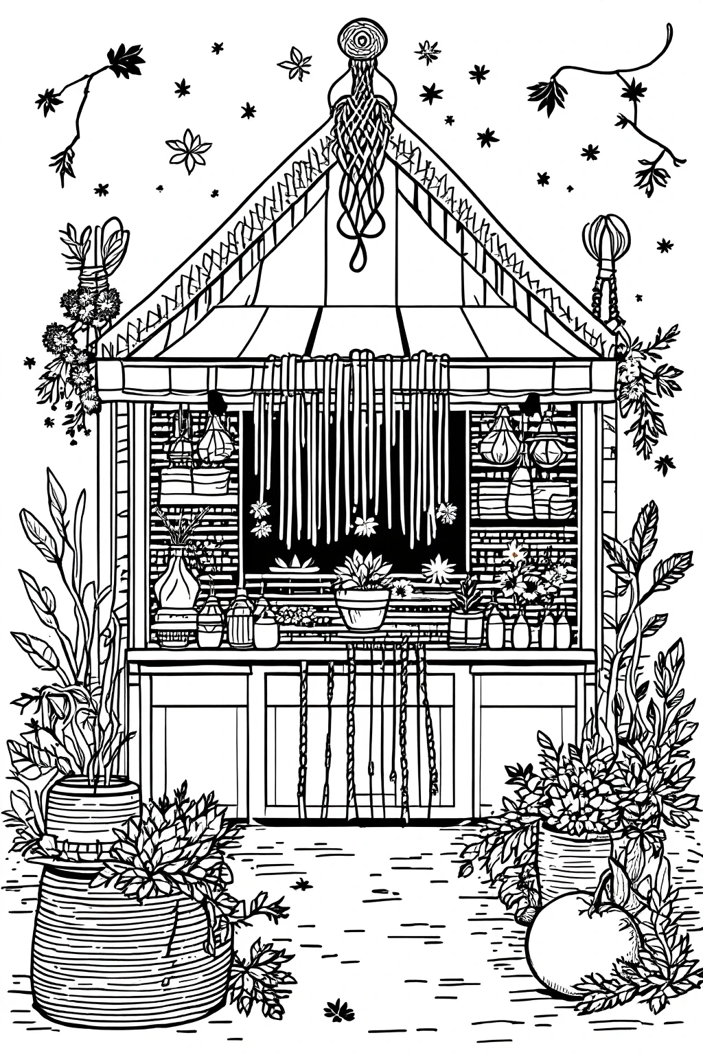 Intricate black-and-white greenhouse illustration with hanging plants, shelves of pots, vines, and a pumpkin on the ground one of our detailed coloring page suitable for adults and kids' coloring