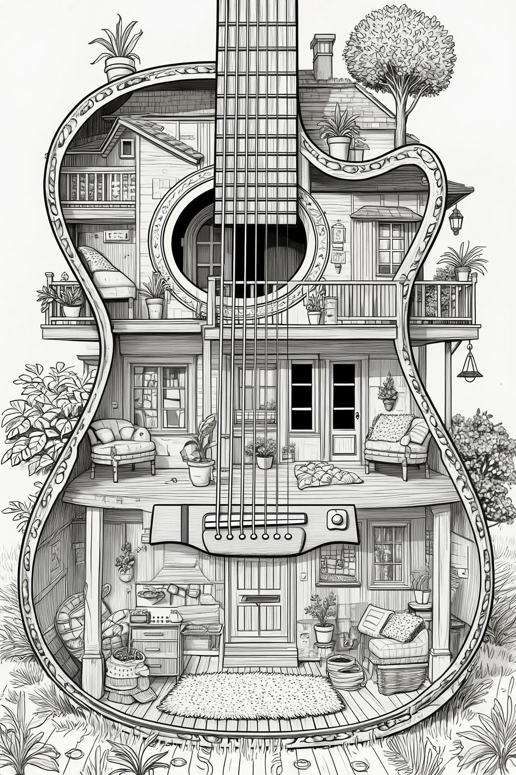 Black-and-white guitar-shaped house illustration with multiple rooms, porches, plants, and detailed architectural elements for detailed coloring page, kids' coloring page, printable coloring page, and