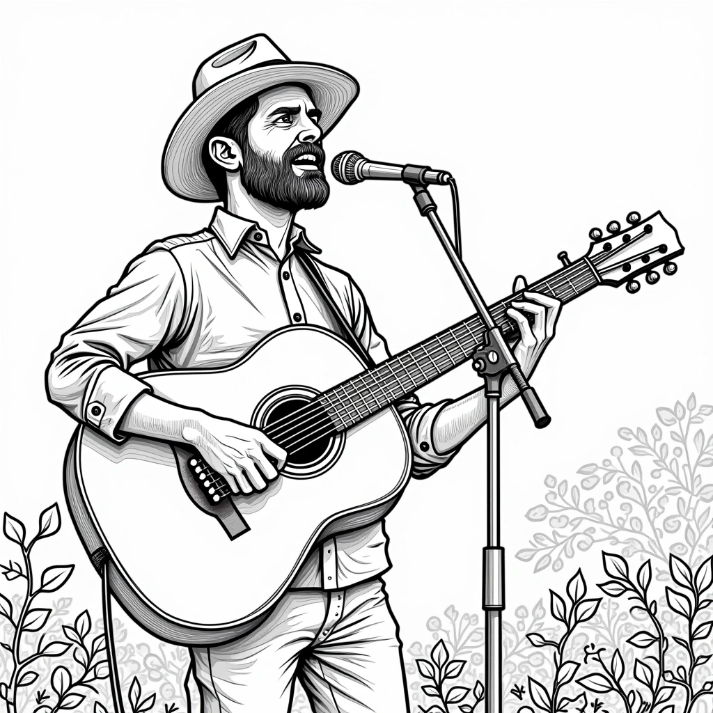 Black-and-white line art of a man singing into a microphone while playing an acoustic guitar, surrounded by decorative foliage detailed coloring page, kids' coloring page, printable coloring page