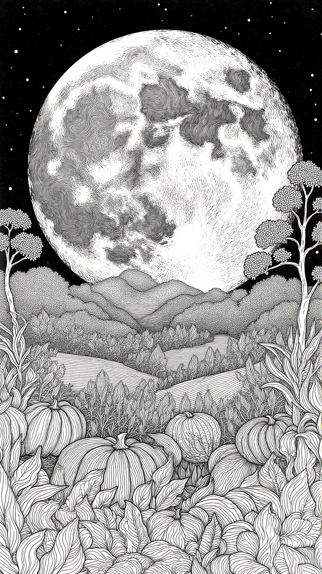 Detailed coloring page with a large moon, pumpkins, and nature elements.